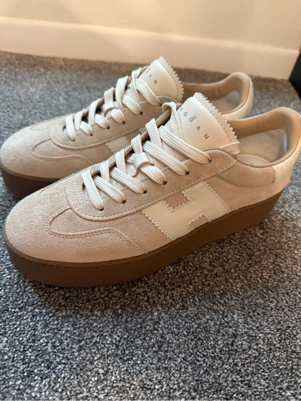 Hogan Men's Cream Suede Platform Sneakers with Brown Gum Sole
